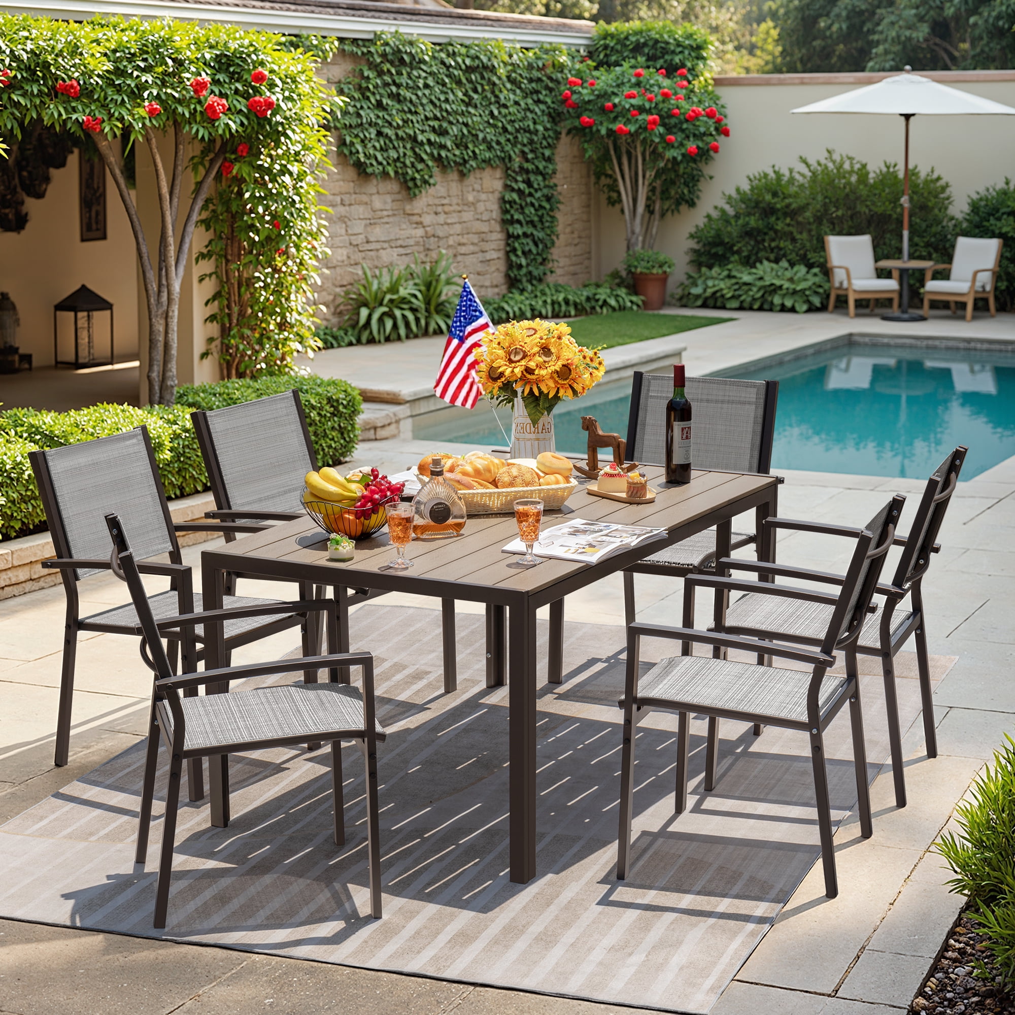Devoko 7 Pieces  Outdoor Dining Set ,Patio Conversation Set Outdoor Furniture Set 6 Stackable Textilene Armchairs with Rectangular Table, Light Gray
