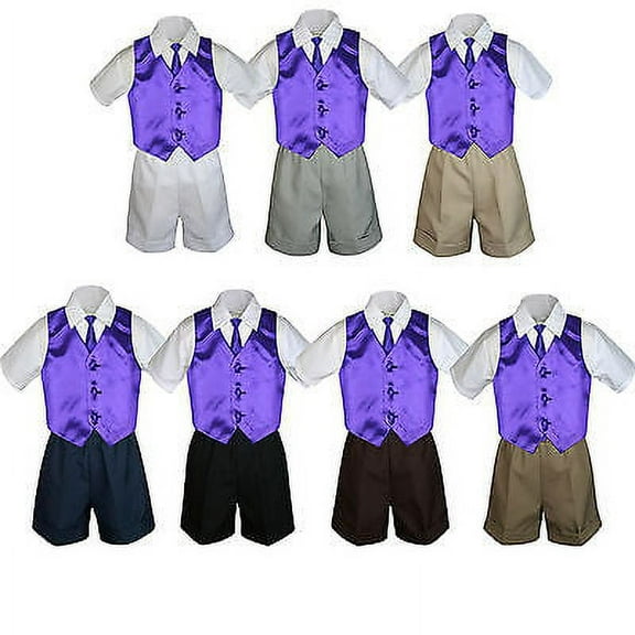 4pc Set Boy Toddler Formal Purple Vest and Necktie Black Navy Khaki Shorts S-4T