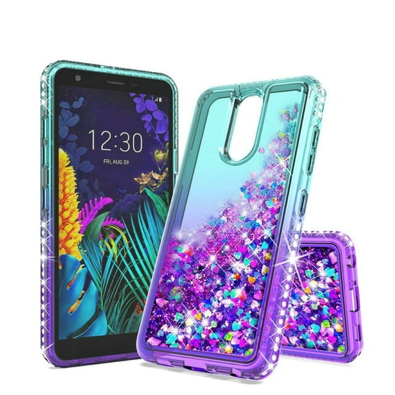 LG Stylo 5 Phone Case, Liquid Floating Glitter Quicksand Bling with Spot Diamond Cover - Teal/Purple