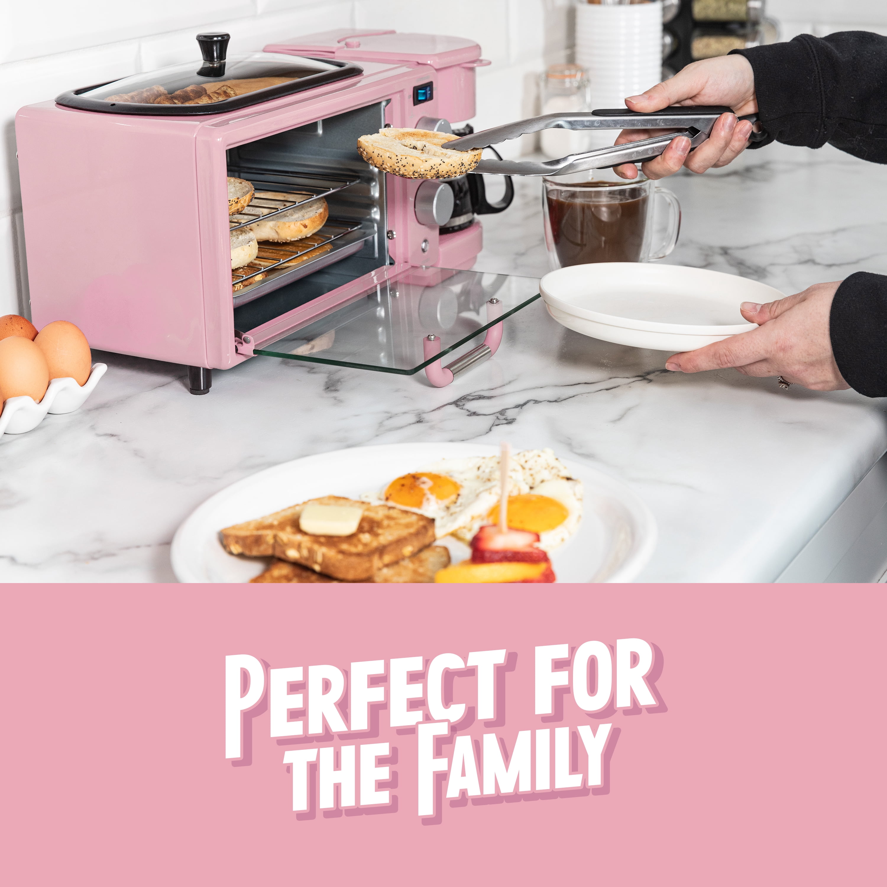 Nostalgia 3-in-1 Retro Breakfast Station - Includes 5 Cup Coffee Maker, Non-Stick Ceramic Griddle, and 4-Slice Toaster Oven - Built-In Timer, Reusable Coffee Filter, Space-Saving Design - Pink