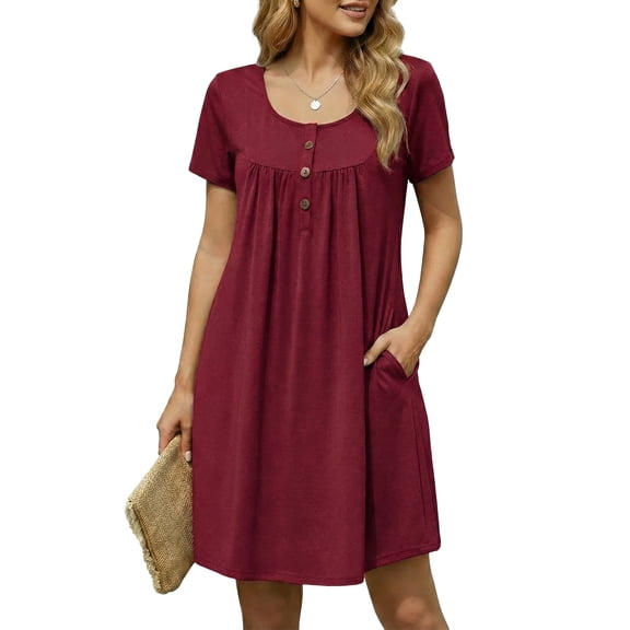 ValueVibe Nightgowns for Women Crew Neck Sleepshirt Short Sleeve Sleepwear Henley Button House Dress with Pockets, Burgundy XL