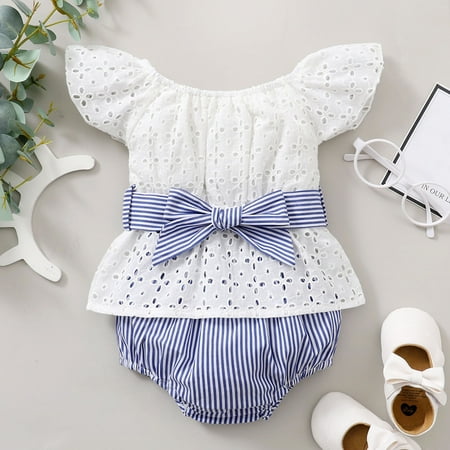 

Cathalem Outfits for Teen Girls Infant Girls Fly Sleeve Hollow Out Bowknot Tops Striped Shorts Little Girl Clothes for Women Childrenscostume White 12 Months
