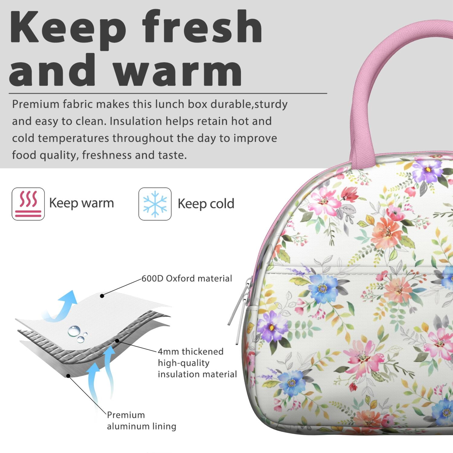 Rustic Floral Lunch Bag – Vintage Bloom Pattern Tote for Women with Insulated and Leakproof Lining, Ideal for Outdoor Meals