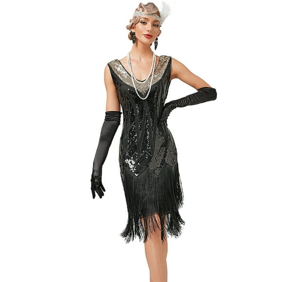 1920s Vintage Dress Beaded Sequin 30S Flapper Dresses Prom Wedding Women Vintage Dress V Neck Beaded Fringed Tassels,Black,XL