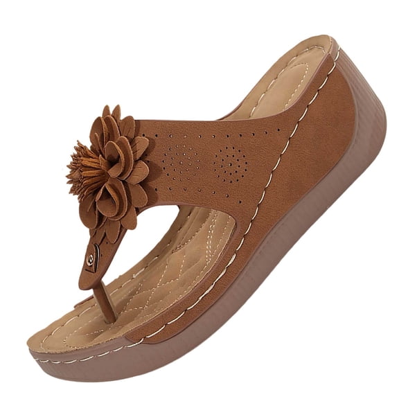 KIJBLAE Women's Floral Open Toe Wedge Flip Flops, Wide Width Comfort Casual Summer Beach Outdoor Vacation Slippers Brown 43