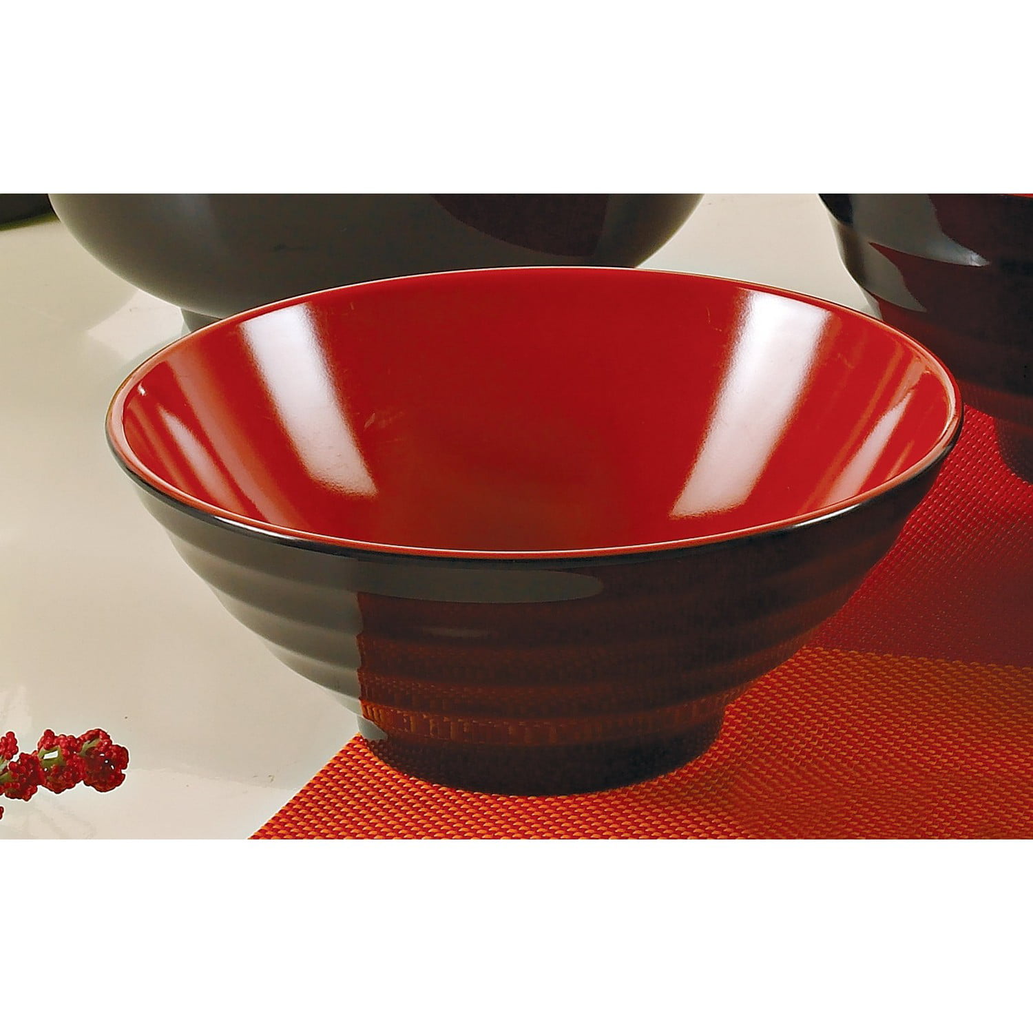 味噌湯ボウルLarge Melamine Noodle Soup Bowls and Spoons Red and Black Set of 4 
