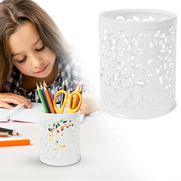 Denhf Hollow Rose Flower Pattern Pen Holder, Aesthetic Metal Pencil Cup, Modern Pen Stand for Home Office Classroom, Pencil Pot, Simple Makeup Brush Holder, Desk Accessories, White