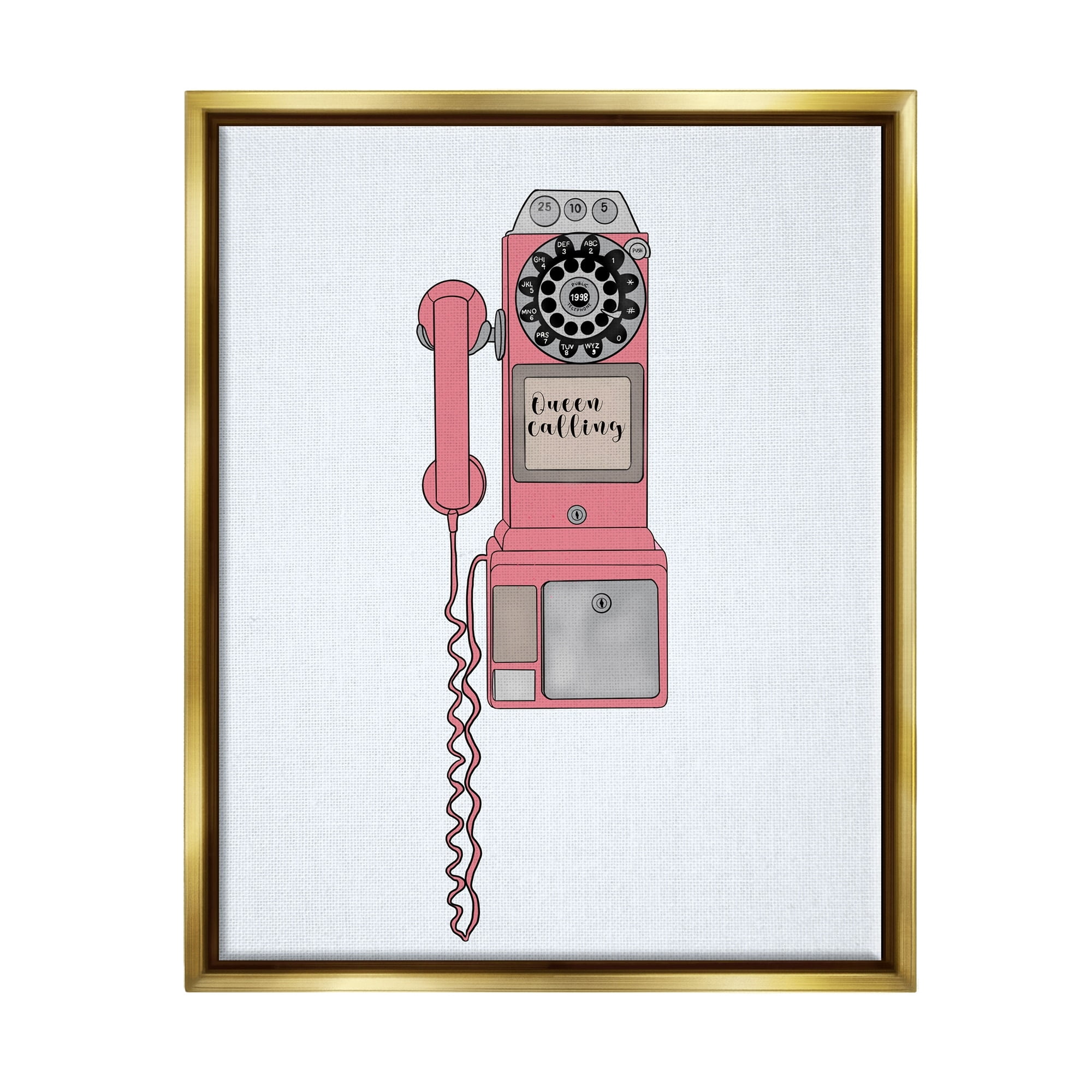 Stupell Industries Vintage Pay Phone Chic Queen Calling Calligraphy Graphic Art Metallic Gold Floating Framed Canvas Print Wall Art, Design by Ashley Singleton