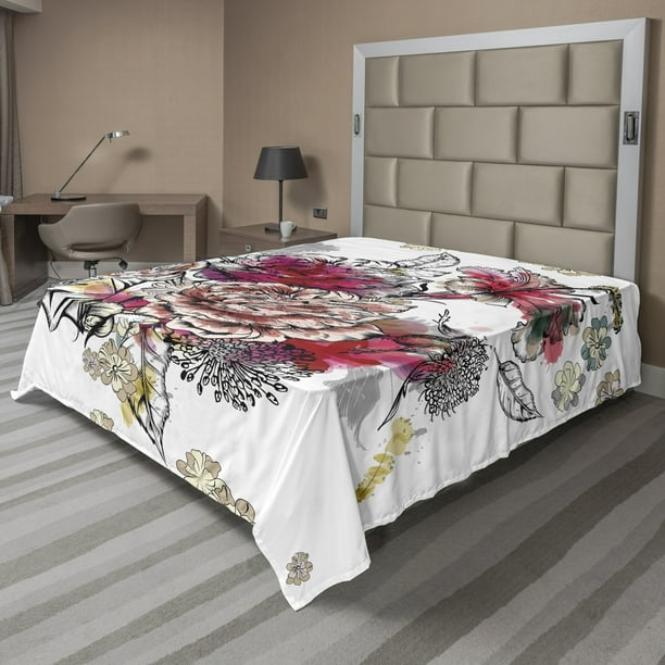 Floral Flat Sheet, Romantic Rose Petals Bouquet Bridal Wedding Themed