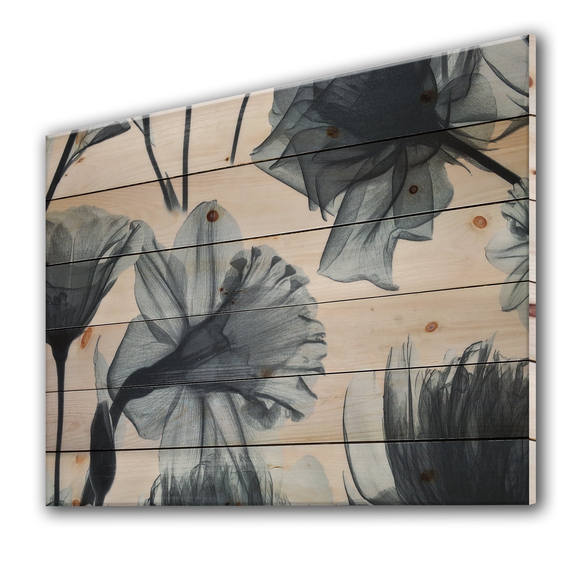 Designart 'Grey Mottled Fabric Vintage Flowers' Farmhouse Print on Natural Pine Wood