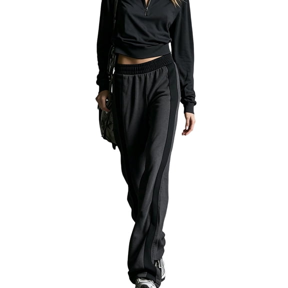TQWQT Womens Side Stripe Wide Leg Sweatpants High Waist Straight Leg Floor Length Casual Lounge Pants Athletic Track Bottoms Soft Relaxed Fit Sporty Trousers Black L
