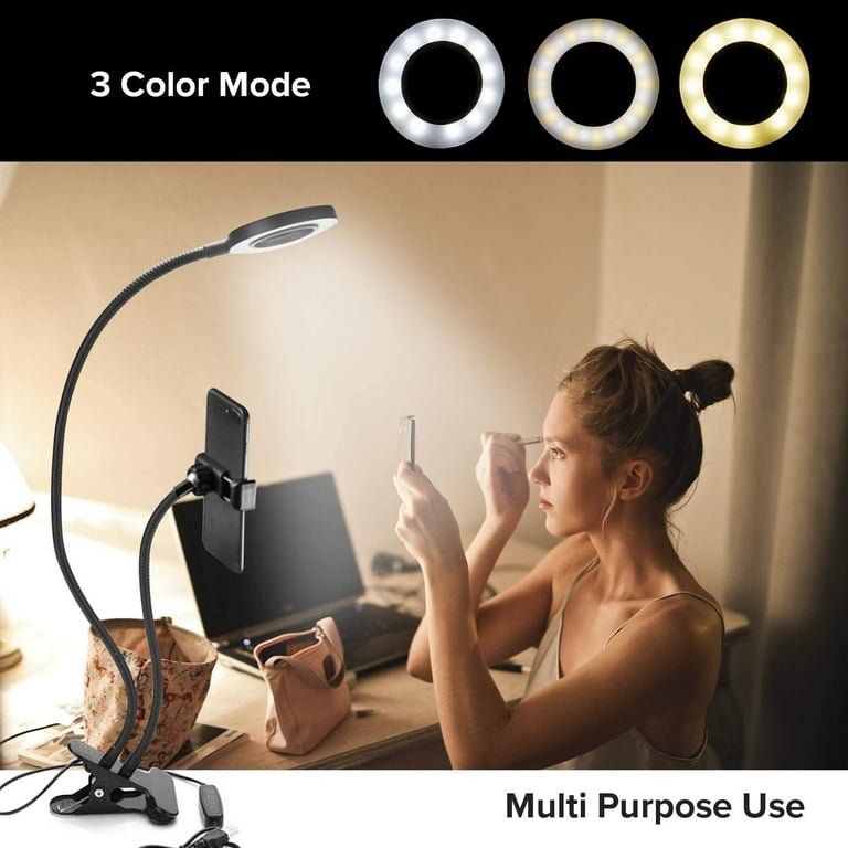 Clip on Selfie Ring Light Stand with Phone Holder, Flexible Arms