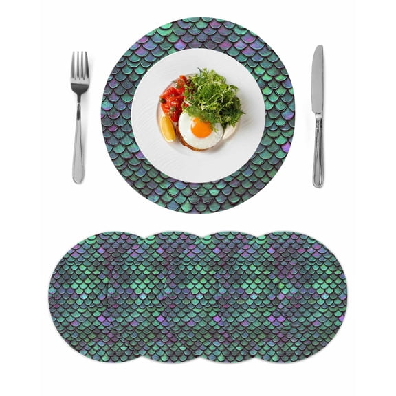Coastal Teal Green Round 15 Inch Placemats Set of 4, Modern Ocean Mermaid Scales HeatResistant Non Slip Place Mats for Dining Table, Wipeable Braided Kitchen Table Mats for Housewarming