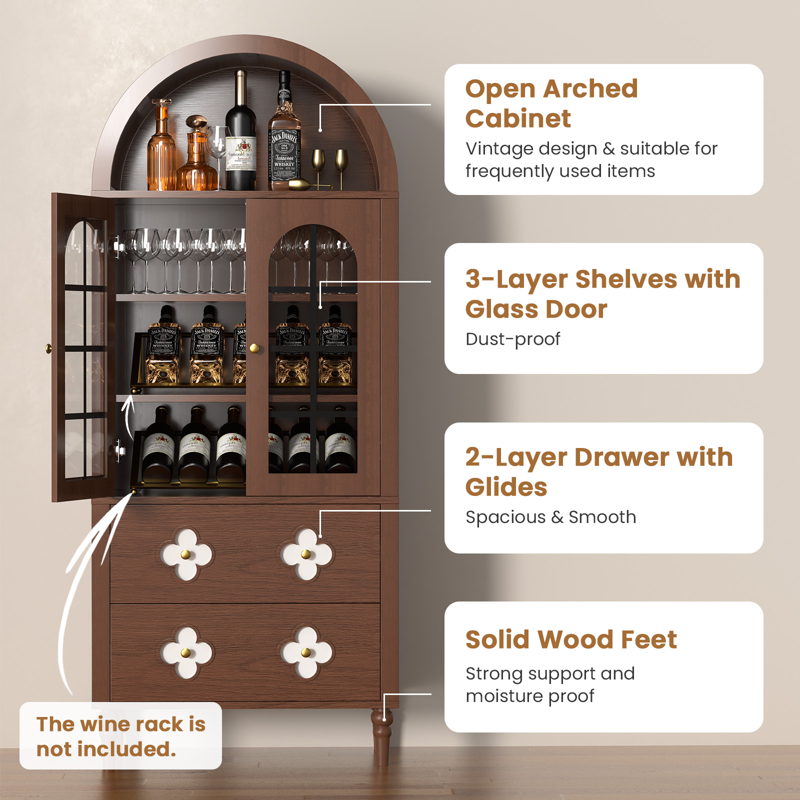 Mophoto Arched cabinet Bookshelf Bookcase Storage with Tempered Glass Doors Versatile Kitchen Cabinets,71“ Tall Food Pantry Furniture for Living Dining Room(Black)
