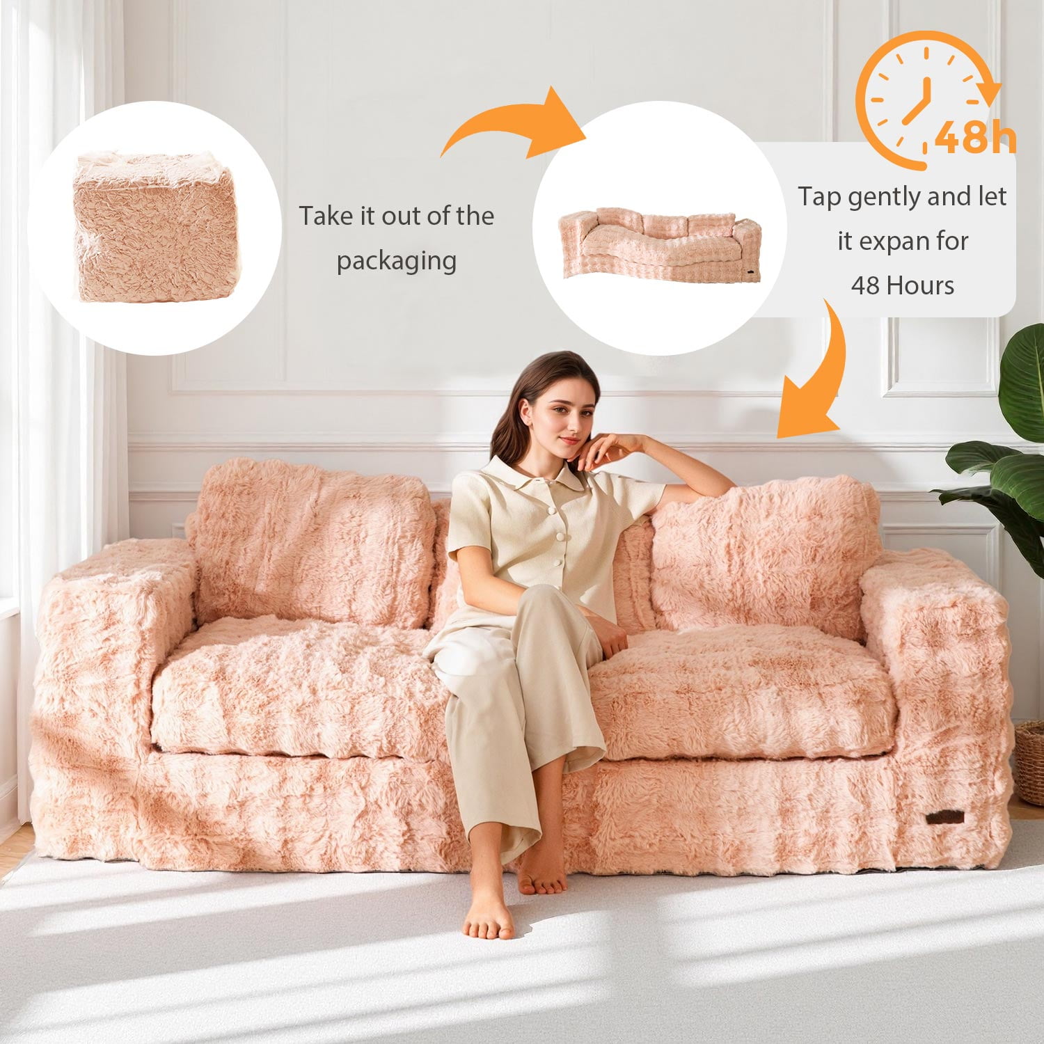 GOODONE 3 Seater Couch,Giant Bubbled Boneless Sofa Couch,Modern Comfy Floor Sofa with Armrests for Living Room and Apartments,No Assembly Required,Pink