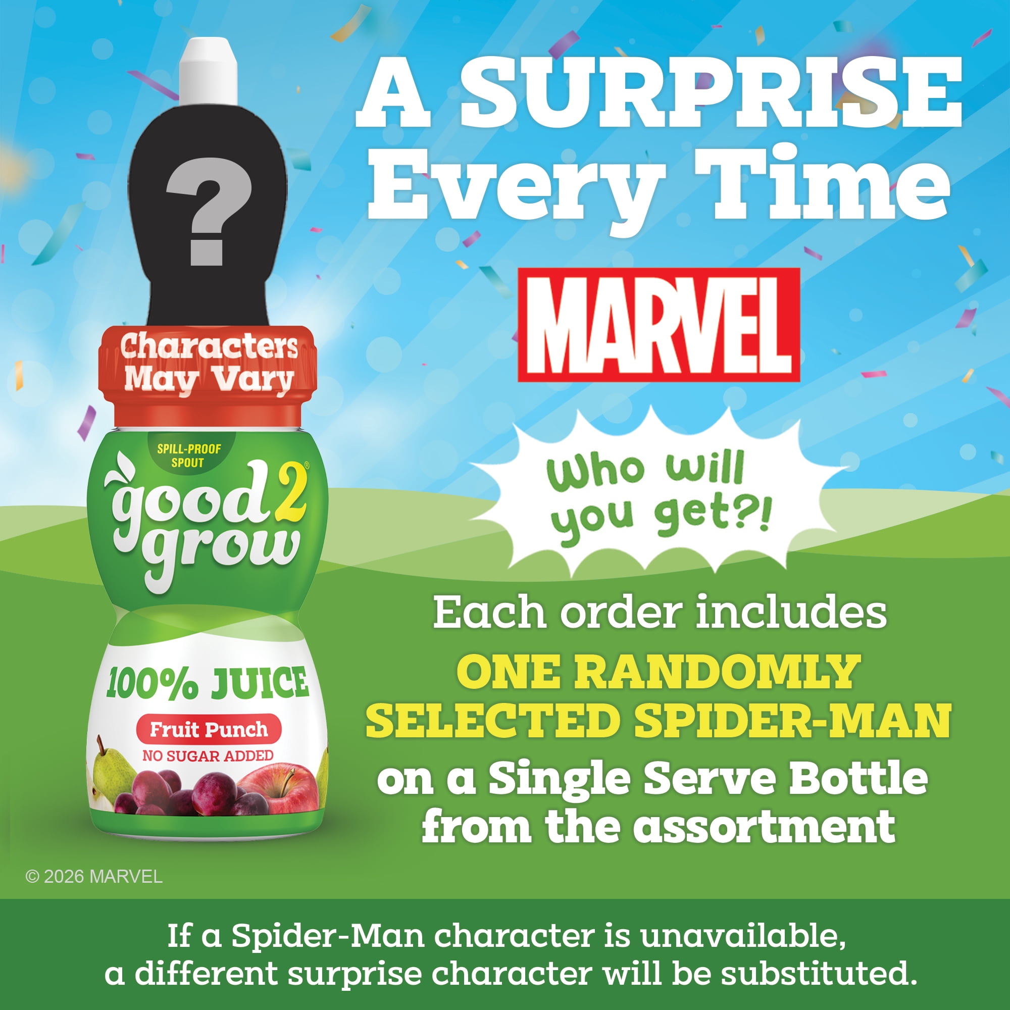 (3 pack) good2grow Marvel's Spider-Man 6oz 100% Fruit Punch Juice Single Serve (Character Tops Vary, Exact Item may not be Pictured)