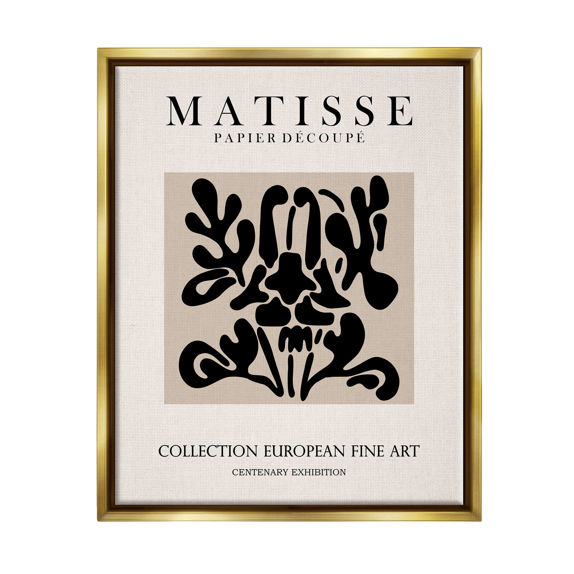 Stupell Industries Abstract Contemporary Black Floral Design Matisse Typography Metallic Gold Framed Floating Canvas Wall Art, 16x20, by Ros Ruseva