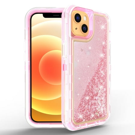 NIFFPD Phone Case iPhone 13 Bling Glitter Quicksand Sparkle Clear & Shockproof Protective Cover iPhone 13 Case for Women Girls Cute Pink