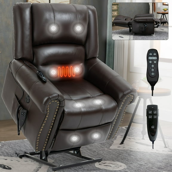 HICOMILA Premium Leather Power Lift Recliner Chair with Heat & Massage, Dual Motor Infinite Position, USB Ports & Storage, Heavy Duty 350 LBS Capacity, Brown