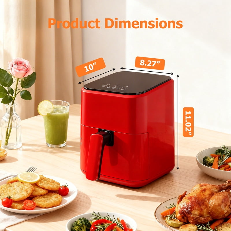 Dozzle 3QT Compact Digital Air Fryer, 400℉ Precision Heating, One-Touch Auto Shut-off, Nonstick Basket Dishwasher-Safe for Healthy Roast, Bake, Broil & Reheat, Red