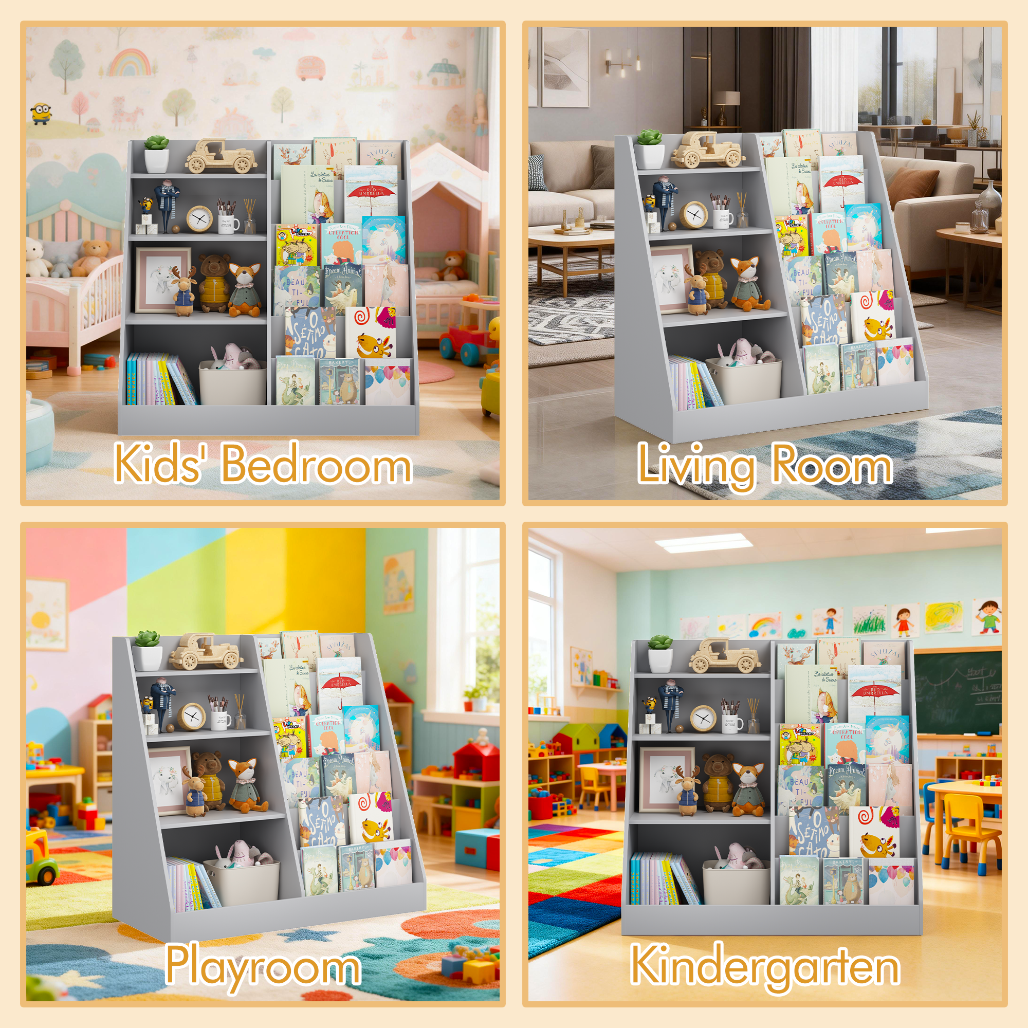 4-Tier Wooden Bookshelf with Toy Storage Bins, Multifunctional Children Bookcase Display Stand Organizer, Toddler Book Rack for Playroom Nursery Bedroom, Gray
