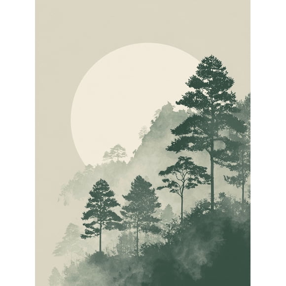 Qisvanset Misty Mountain Pine Forest Sun Canvas Print 15.75x11.81 Inches