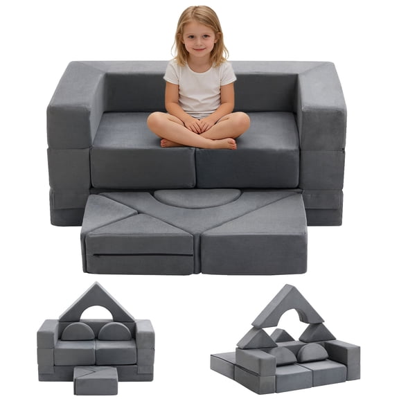 MFUN 9PCS Modular Kids Play Couch with Premium Soft Foam & Removable Cover for Children Living Room & Playroom Gray