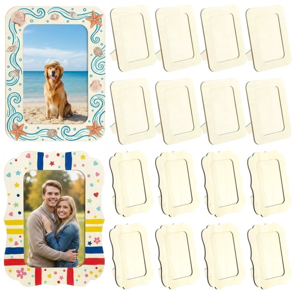 16 Pcs 7.48 x 5.51 Inch Wooden Frames for Painting, Picture Frame Set,DIY Picture Frames with Rectangular and Wavy Edges, Natural Wood Craft Display for Personalized Gifts, Home Tabletop Decor