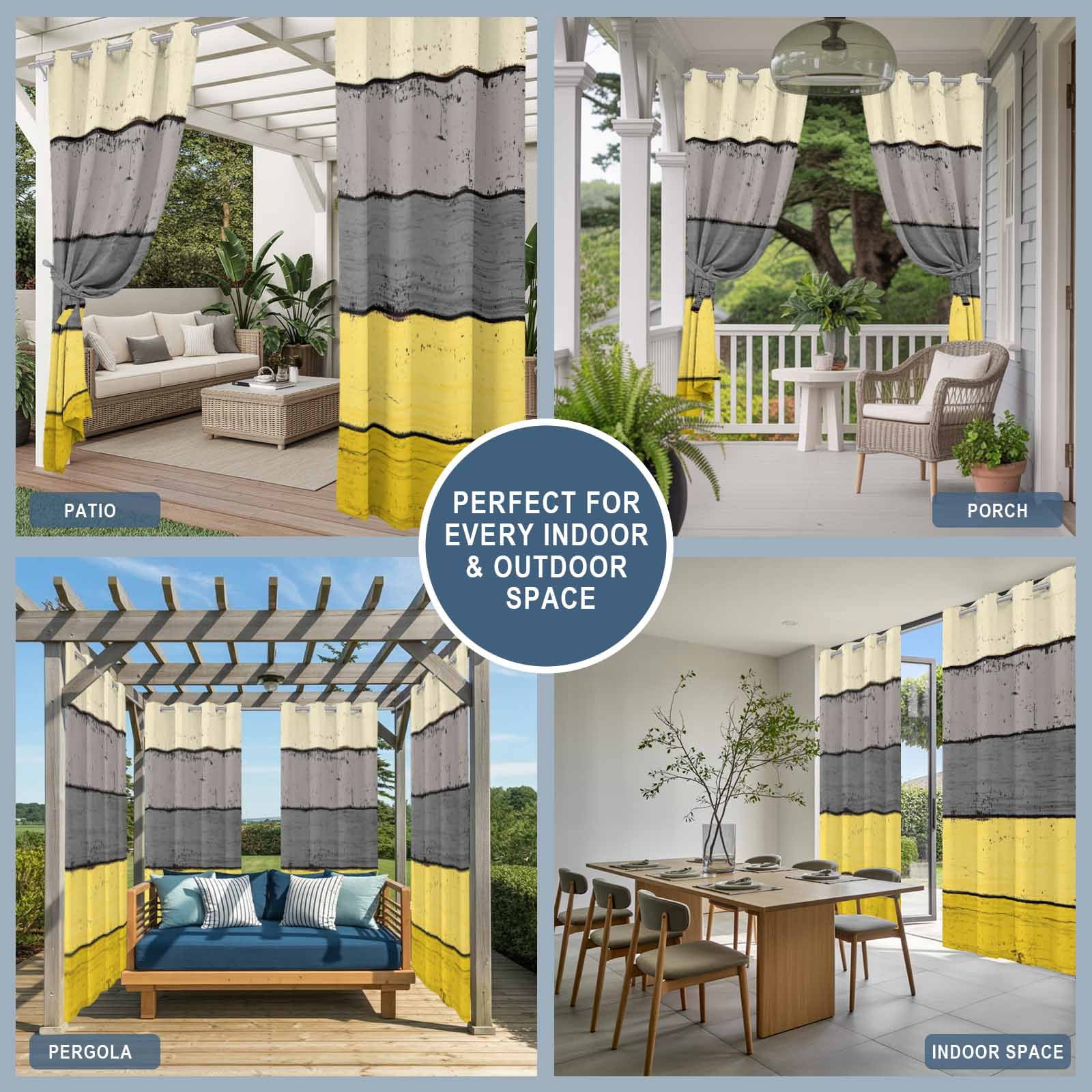 Outdoor Curtains for Patio Waterproof, Yellow Grey Windproof Pravicy Outside Porch Blackout Curtain, Vintage Stripe Farmhouse Wood Grain Ombre Sun Blocking Curtains for Cabana 2 Panels 54"x95"