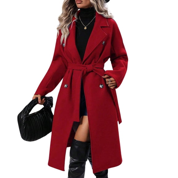 Women's long wool coat with lapel, double-breasted design, warm outerwear with belt