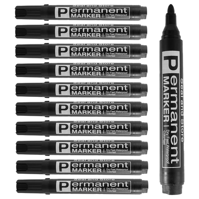 AMERTEER 10pcs Permanent Marker Pens Bullet Tip Markers Waterproof Black Marker Set Non-fading Paint Pens Works on Plastic Wood Stone Metal Glass for Doodling Marking Writing