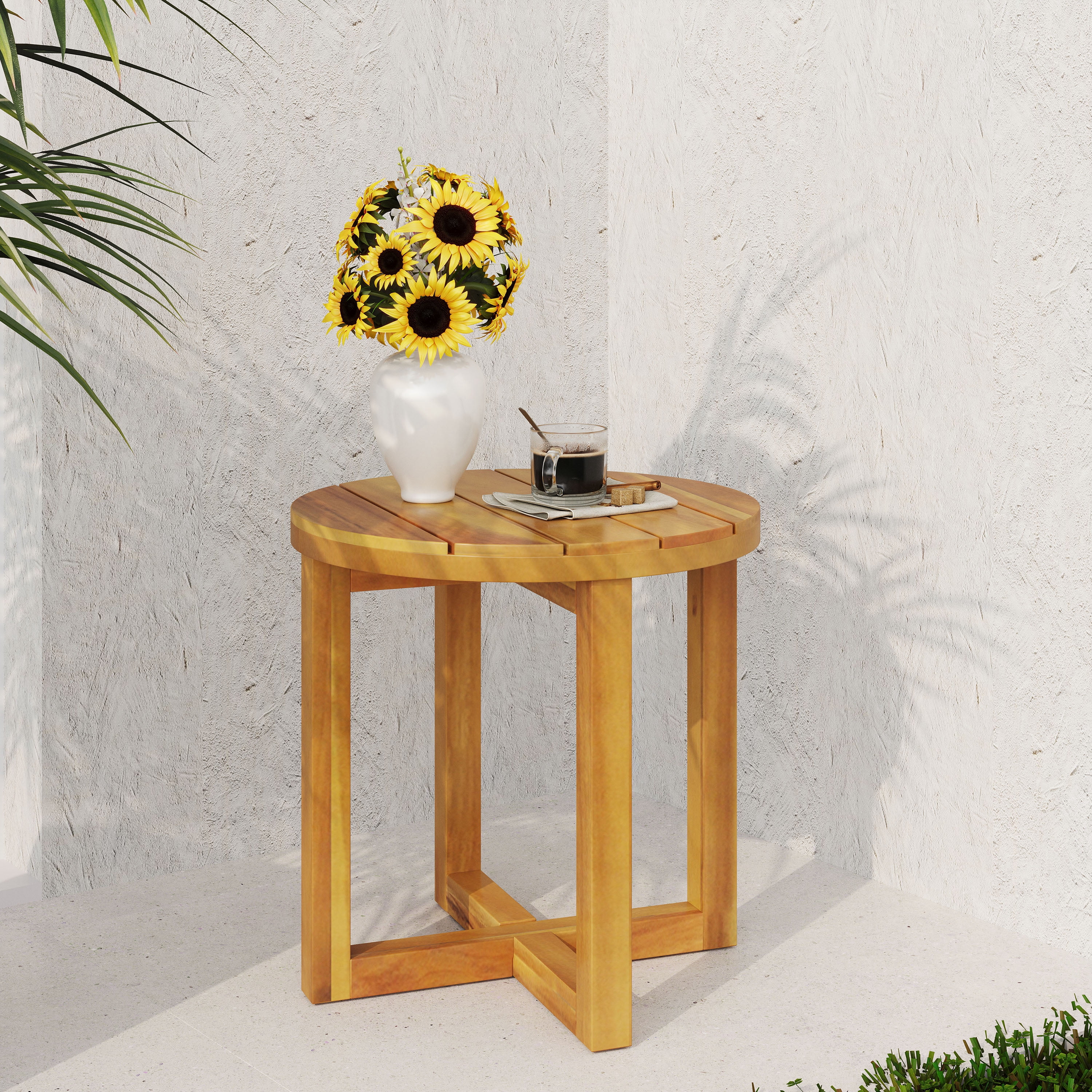 Euroco Round Outdoor Side Table, Solid Acacia Wood with Slatted Top and Cross-Leg Base, Patio Accent Table for Backyard or Balcony