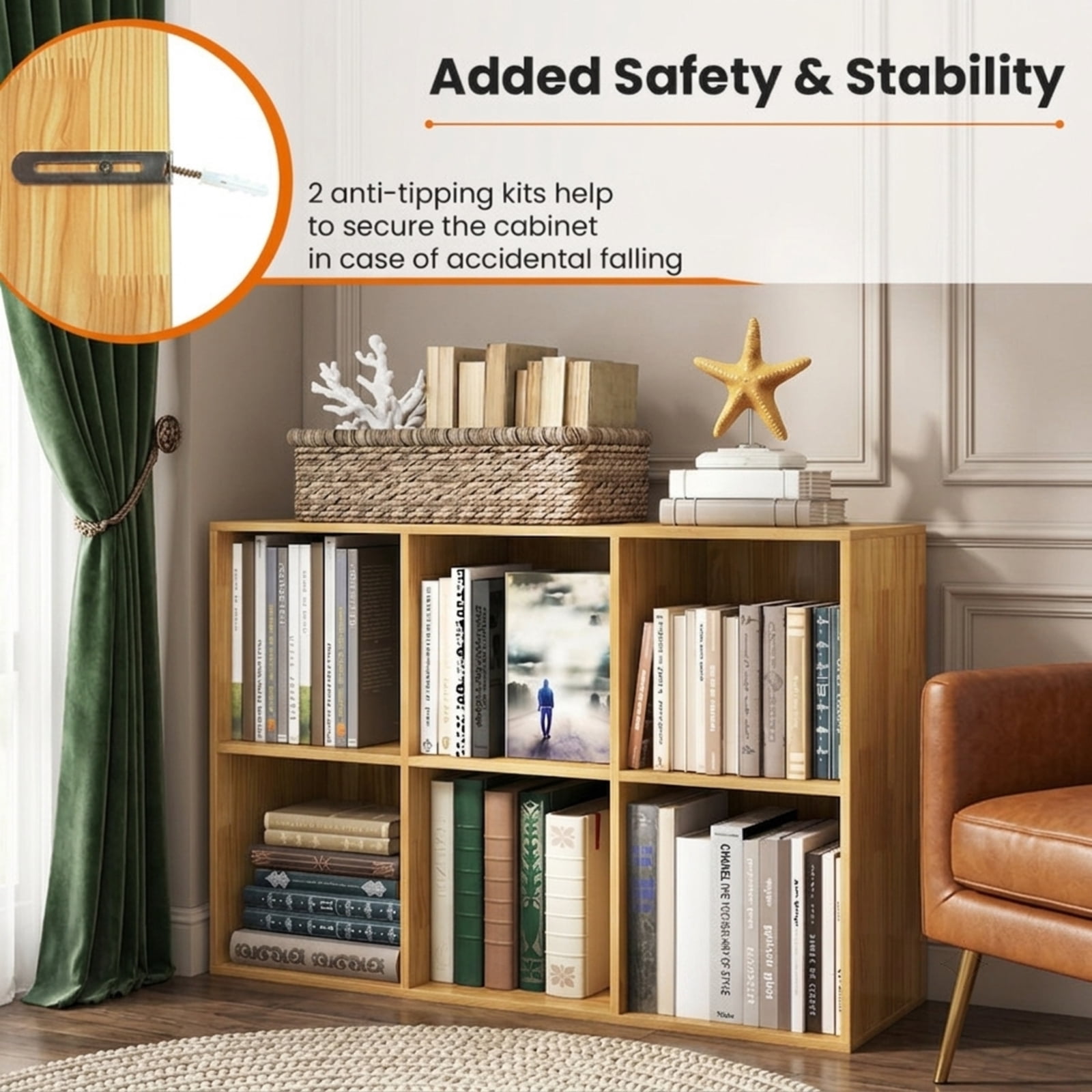 Furnibear Modern 6-Cube Bookcase Freestanding Storage Bookshelf with Anti-Tipping Kits for Bedroom and Living Room, Natural