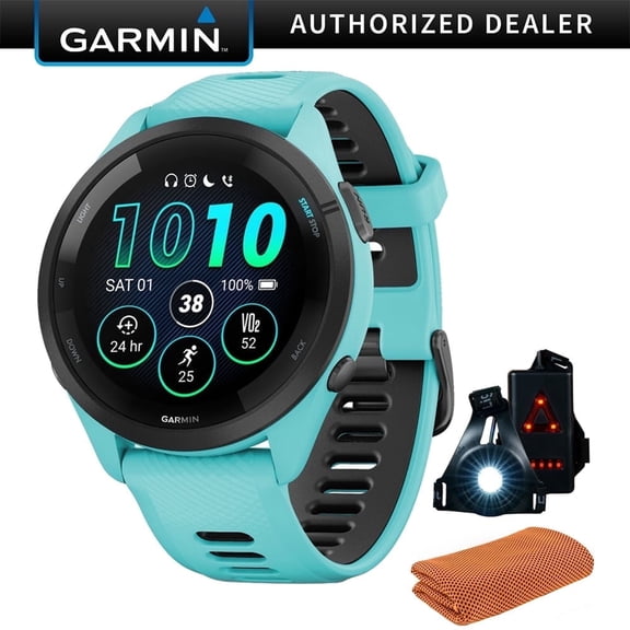 Garmin 010-02810-02 Forerunner 265 GPS Smartwatch, Aqua/Black Bundle with Workout Cooling Sport Towel   Deco Essentials Wearable Commuter Front & Rear Safety Light| Official Garmin USA Dealer