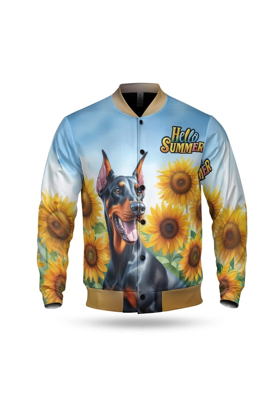 Doberman Pinscher Hello Summer Sunshine Sunflowers Spring Retro Vintage All Over Print 3D Baseball Jacket Doberman Dog Lover Gifts Bomber Jacket Softball - 00008