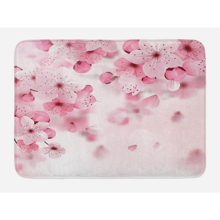Floral Bath Mat, Japanese Sakura Flowers Blossoms Eastern Spring Nature Theme Illustration, Non-Slip Plush Mat Bathroom Kitchen Laundry Room Decor, 29.5 X 17.5 Inches, Pale Pink Baby Pink,