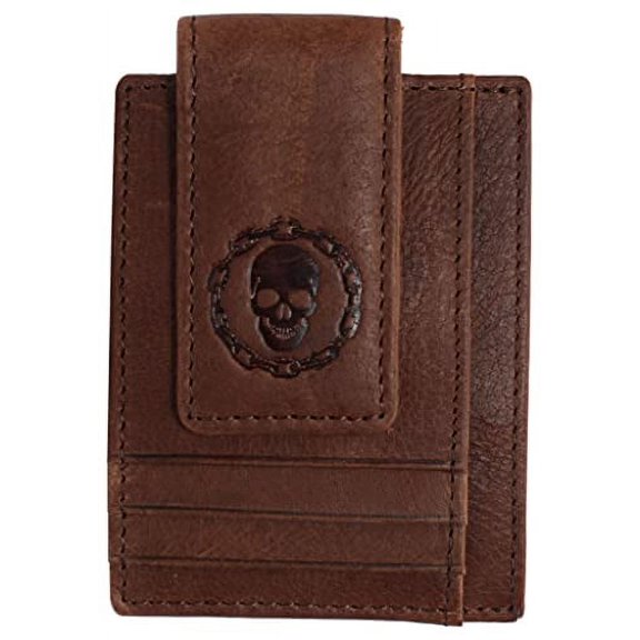 Genuine Leather Front Pocket Magnetic Money Clip Wallet Skull Chain Logo with Strong Magnet