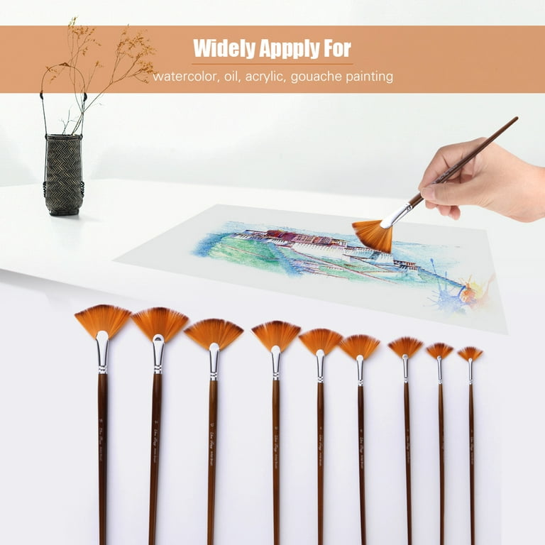 Wode WODE Shop 9 Pieces Artist Fan Brushes Set, Nylon Hair Wood Long Handle  Paint Brush for Acrylic Watercolor Oil Painting