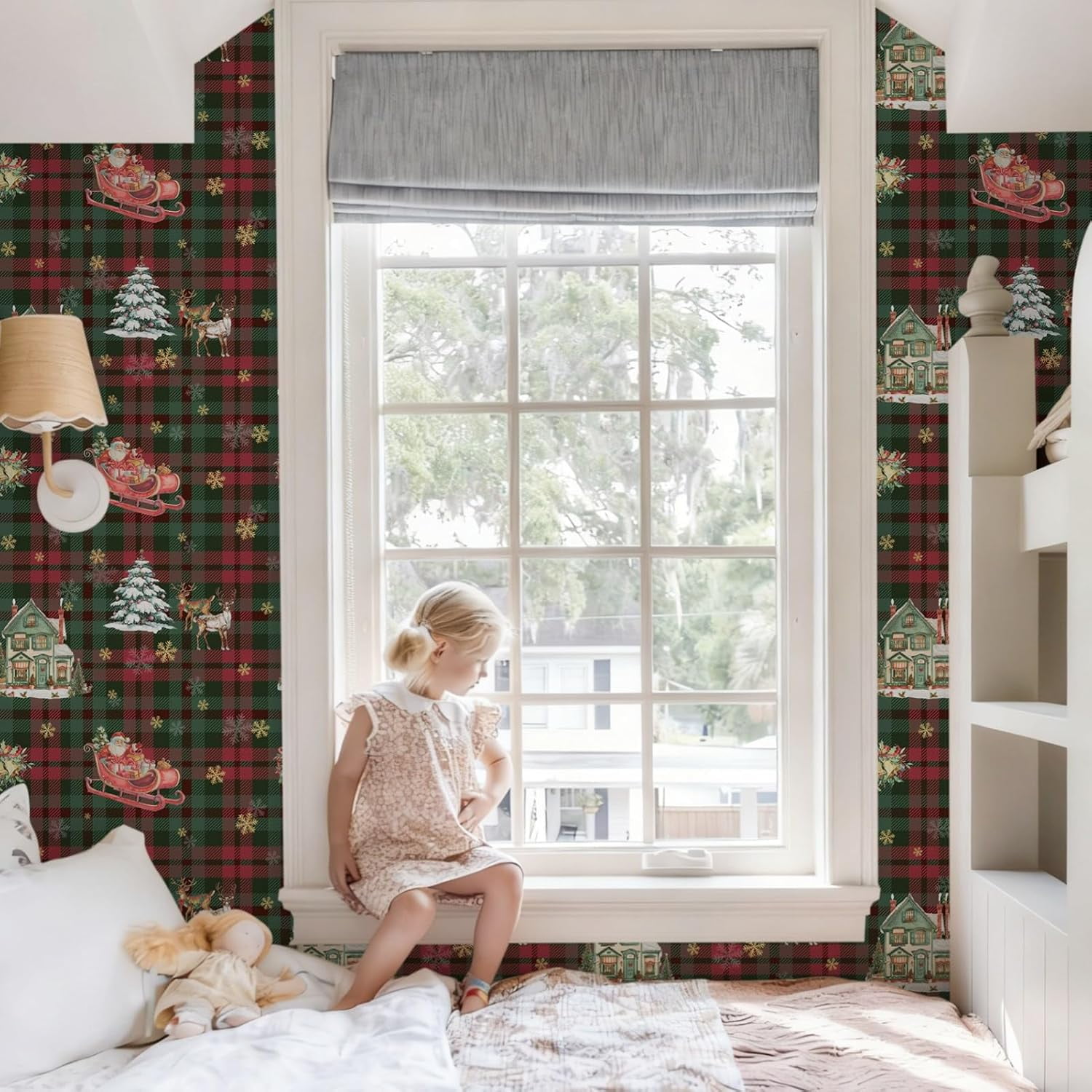 Christmas Contact Paper Removable Self-Adhesive Wallpaper 17.3"x118" Green and Red Waterproof Christmas Peel and Stick Wallpaper for Bedroom Window Fireplace Indoor Decoration