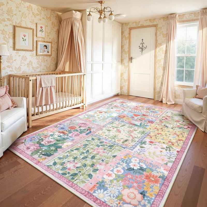 Wonnitar 8'x10' Pink Washable Area Rug - Soft Botanical Boho Carpet for Living Room, Non-Slip Ultra-Thin Rug for Bedroom Under Bed, Dining Room Home Office