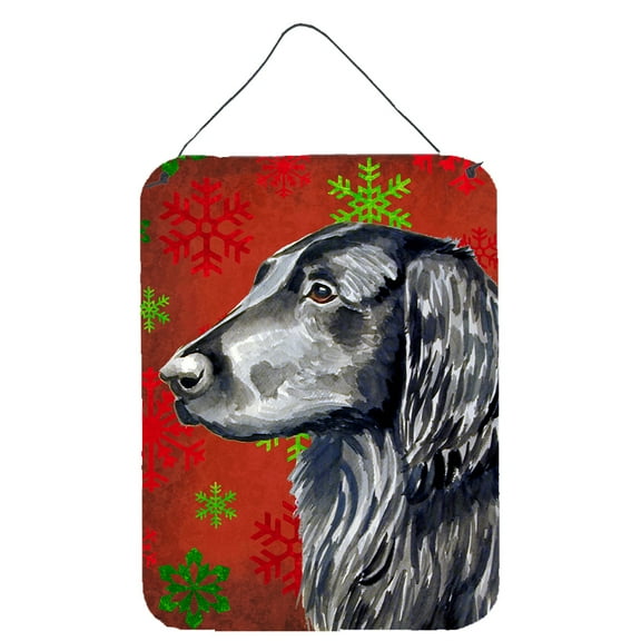 Flat Coated Retriever Red  Green Snowflakes Holiday Christmas Wall or Door Hanging Prints