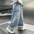 thumbnail image 6 of shqvo Teen Boys Jeans Size 14-16 Wide Leg High Waisted Elastic Waist Cotton Baggy Jeans Boy Loose Fit Classic Fashion Trousers Streetwear with Pockets Blue 15-16 Years, 6 of 9