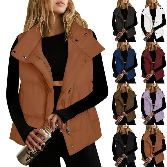 Women's Puffer Vest Stand-up Collar Sleeveless Gilet Womens Fall Winter Thin Coat Button Warm Jackets Coat with Pockets