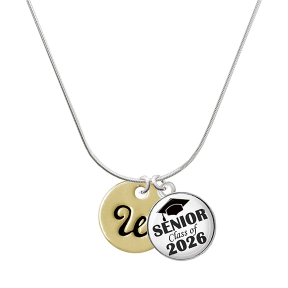 Delight Jewelry Gold-tone Large Disc Letter - W - 3/4'' - Silvertone Senior Class of 2026 Dome Necklace, 18"