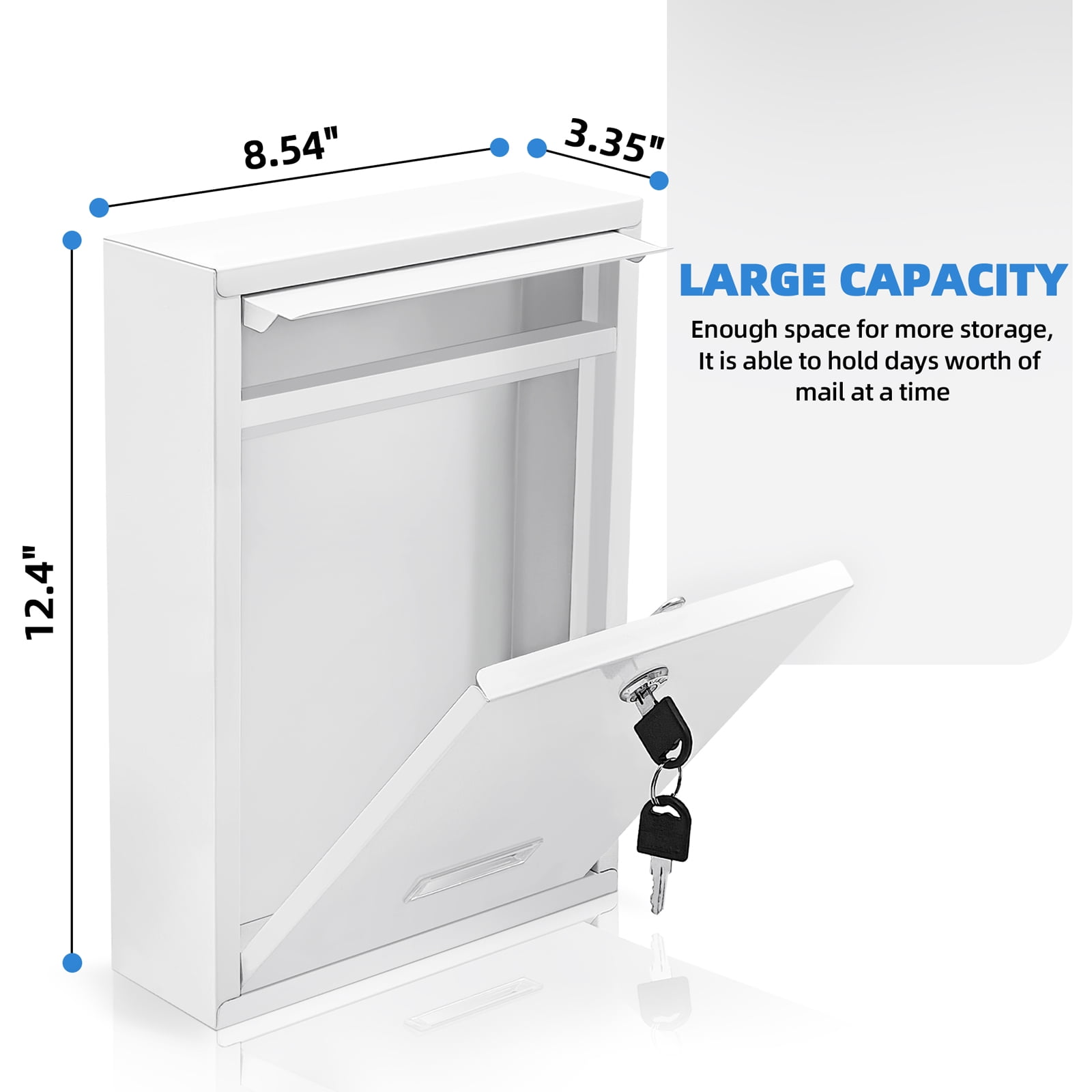 Mailbox Wall Mounted, Key Lock Mail Boxes Outdoor,3.3" D x 8.5" W x 12.6" H,Weatherproof Secure Mail Box,Key Lock Mail Boxes Outdoor,White Large