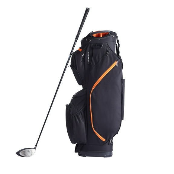 KFFKFF Golf Equipment Bag, 14 Compartments, 36” with 13 Storage Spaces, Robust Golf Gear Bag, Includes Handles, Dust Protector & Removable Straps, Suitable for Both Genders, Black & Orange