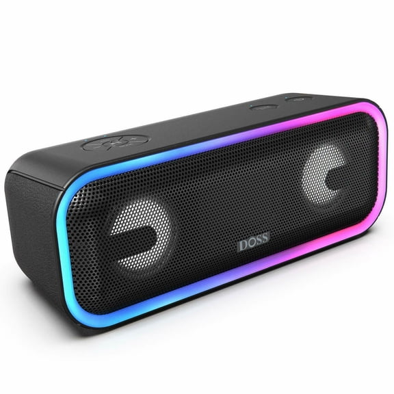 DOSS Wireless Bluetooth Speaker with 24W Impressive Sound, Booming Bass, IPX6 Waterproof, 15Hrs Playtime, Wireless Stereo Pairing, Mixed Colors Lights, 66 FT -Black