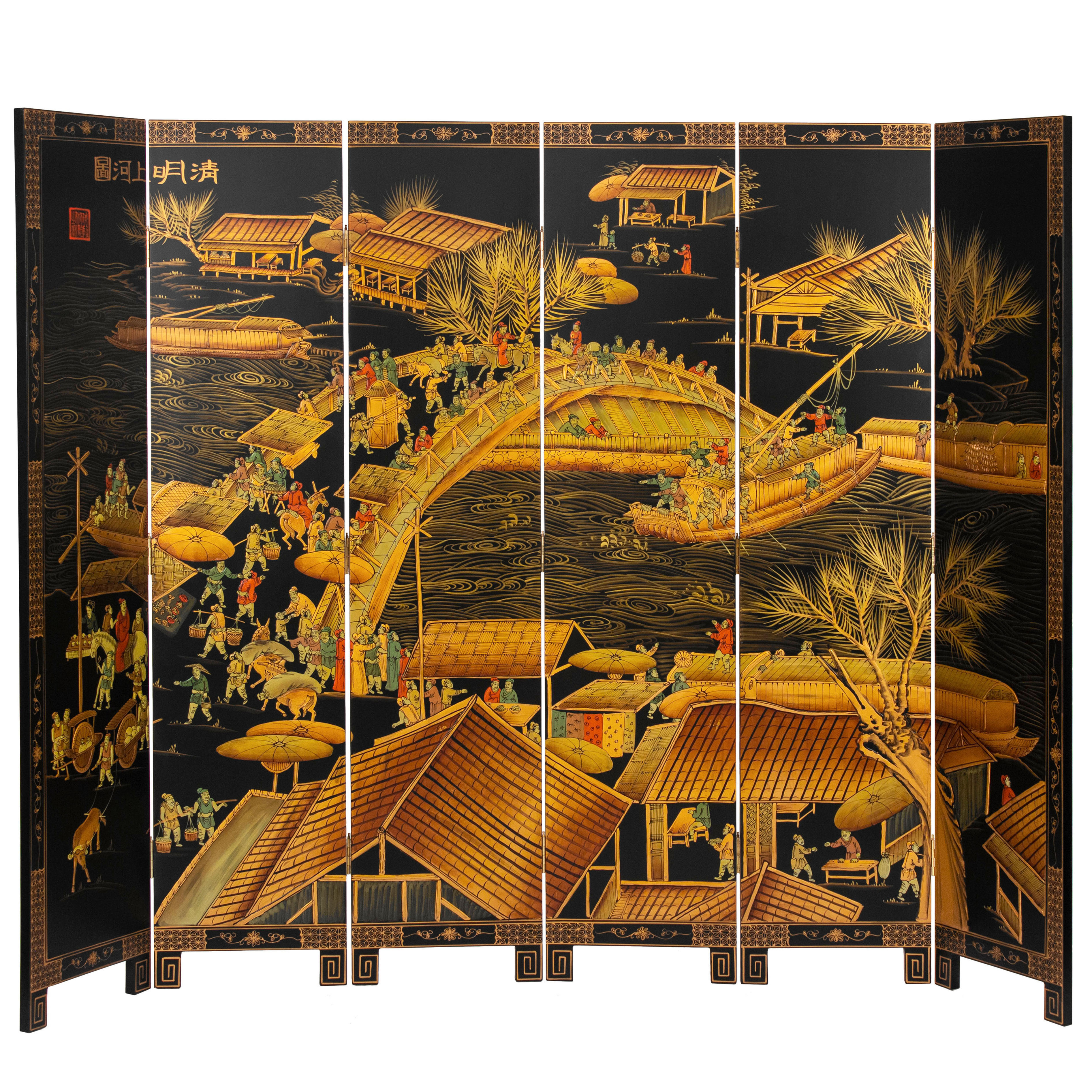 Red Lantern 6 ft. Hand-Painted Folding Room Divider, Black Lacquer, Free Standing