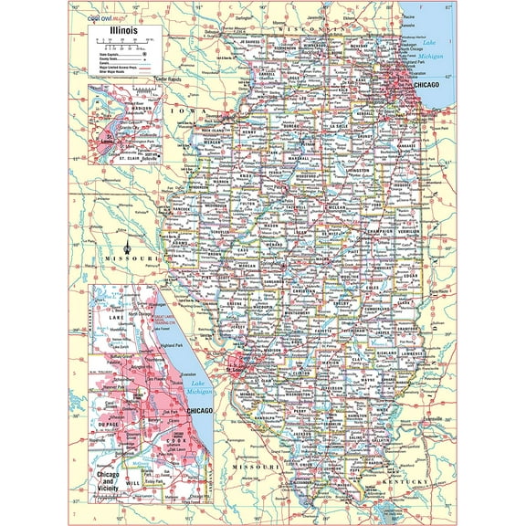 Illinois State Wall Map Large Print Rolled 24"Wx30"H (Laminated)