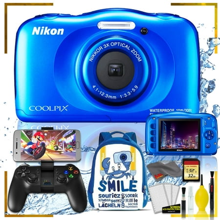 Nikon Coolpix W150 Digital Camera - Blue (Intl Model) with Camera Cleaning Kit Bundle + Game Sir T1s Gaming Controller for Mobile + 32gb SD Card + Nikon Camera Backpack